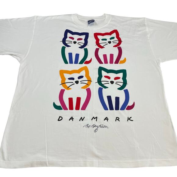 VTG Bo Bendixen Denmark Cat Graphic T-Shirt White size XXL Danish Art - Picture 1 of 6